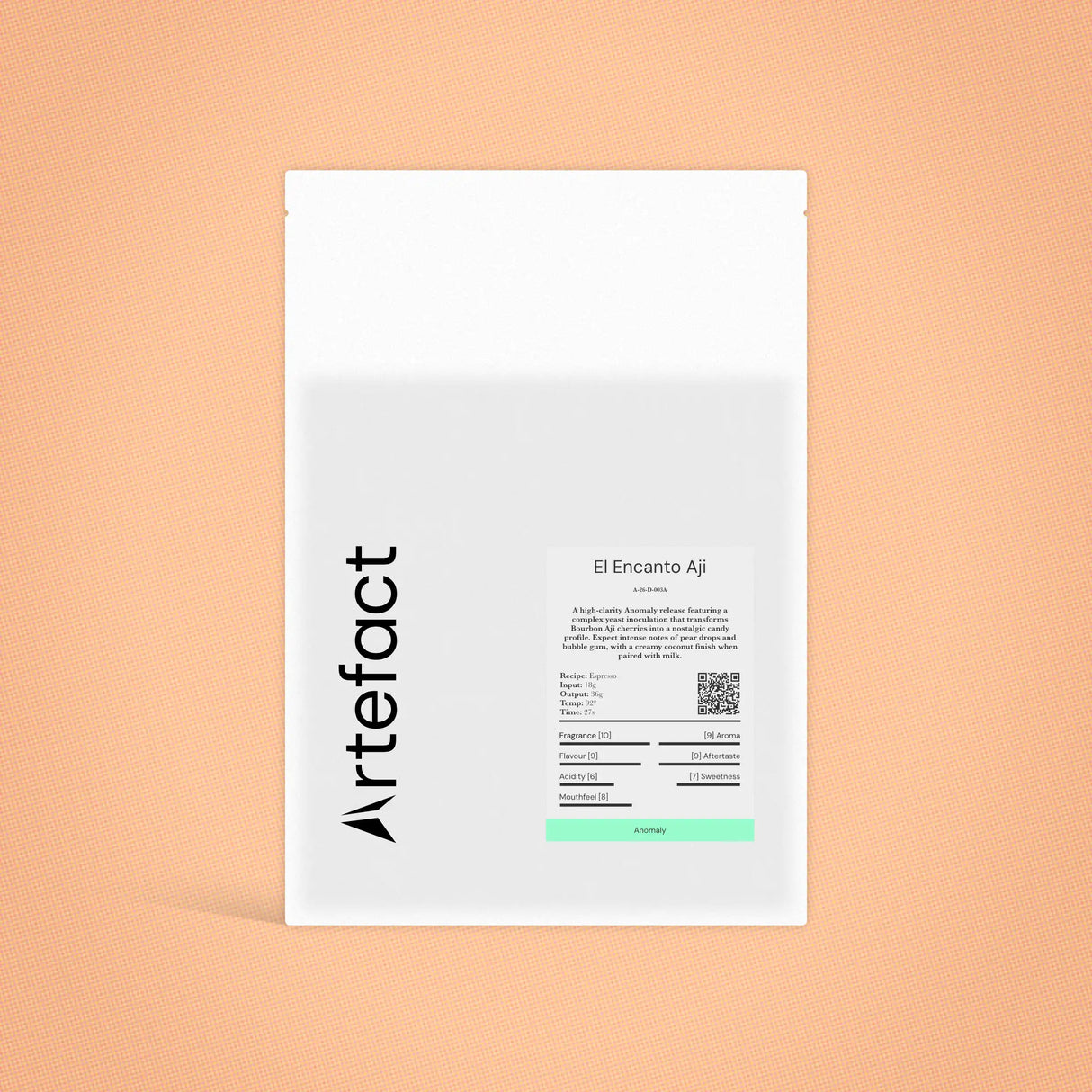 White product packaging with black text on a peach background