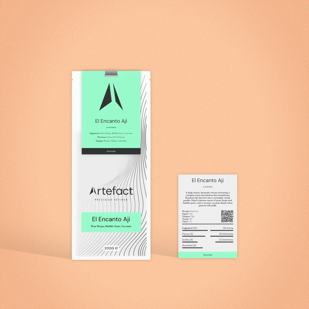 Product packaging with 'Artefact' branding on a peach background