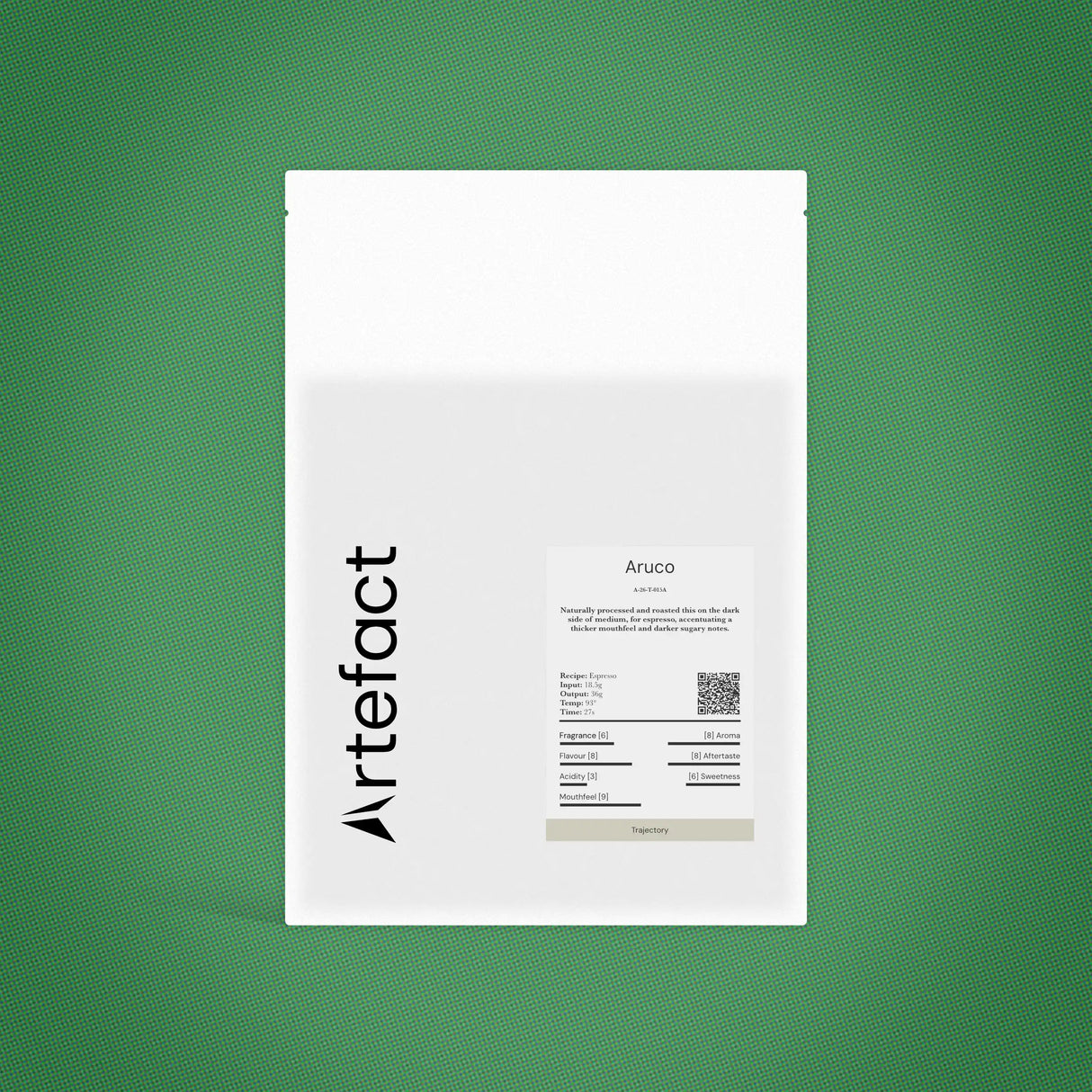 White product packaging with 'Artefact' branding on a green background