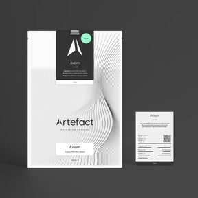 Product packaging and business card for 'Axiom' by 'Artefact' on a dark background
