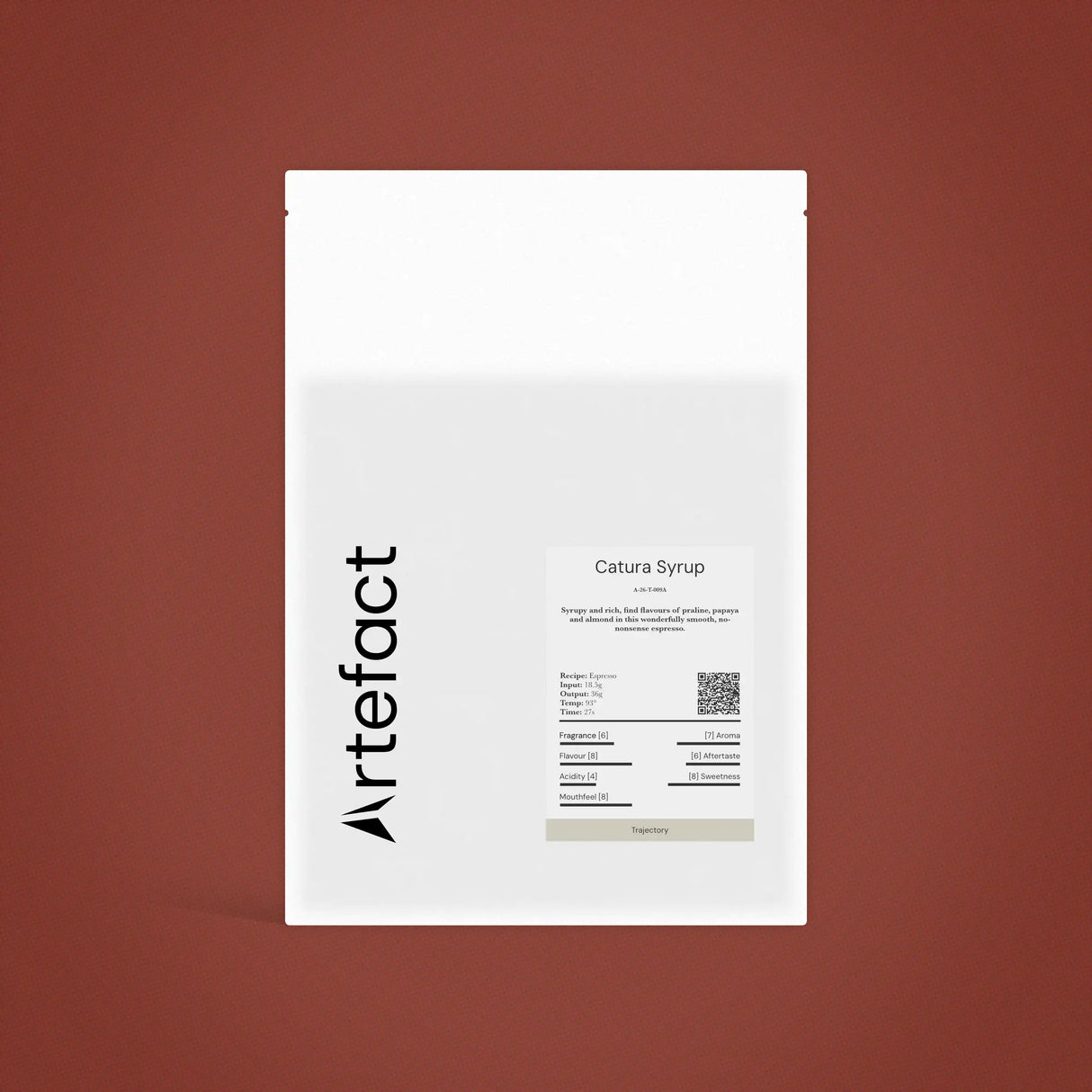 White syrup package with 'Artefact' branding on a brown background