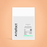 White product packaging with black text on a peach background