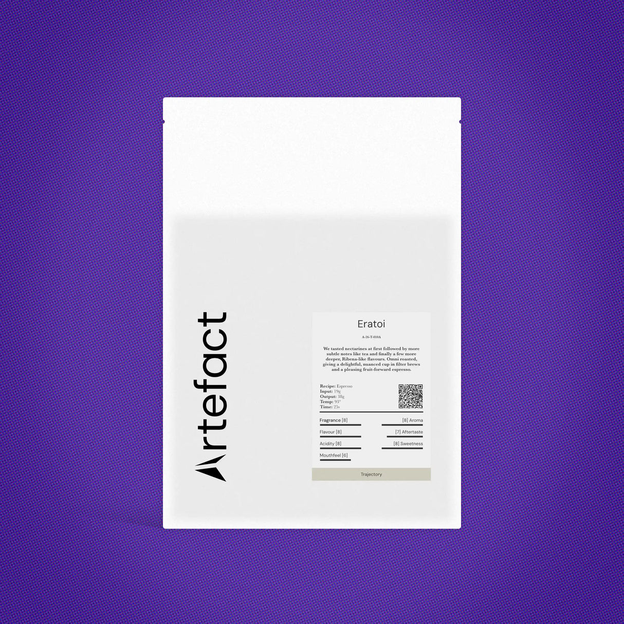 White product packaging with 'Artefact' branding on a purple background
