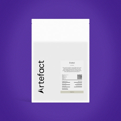 White product packaging with 'Artefact' branding on a purple background
