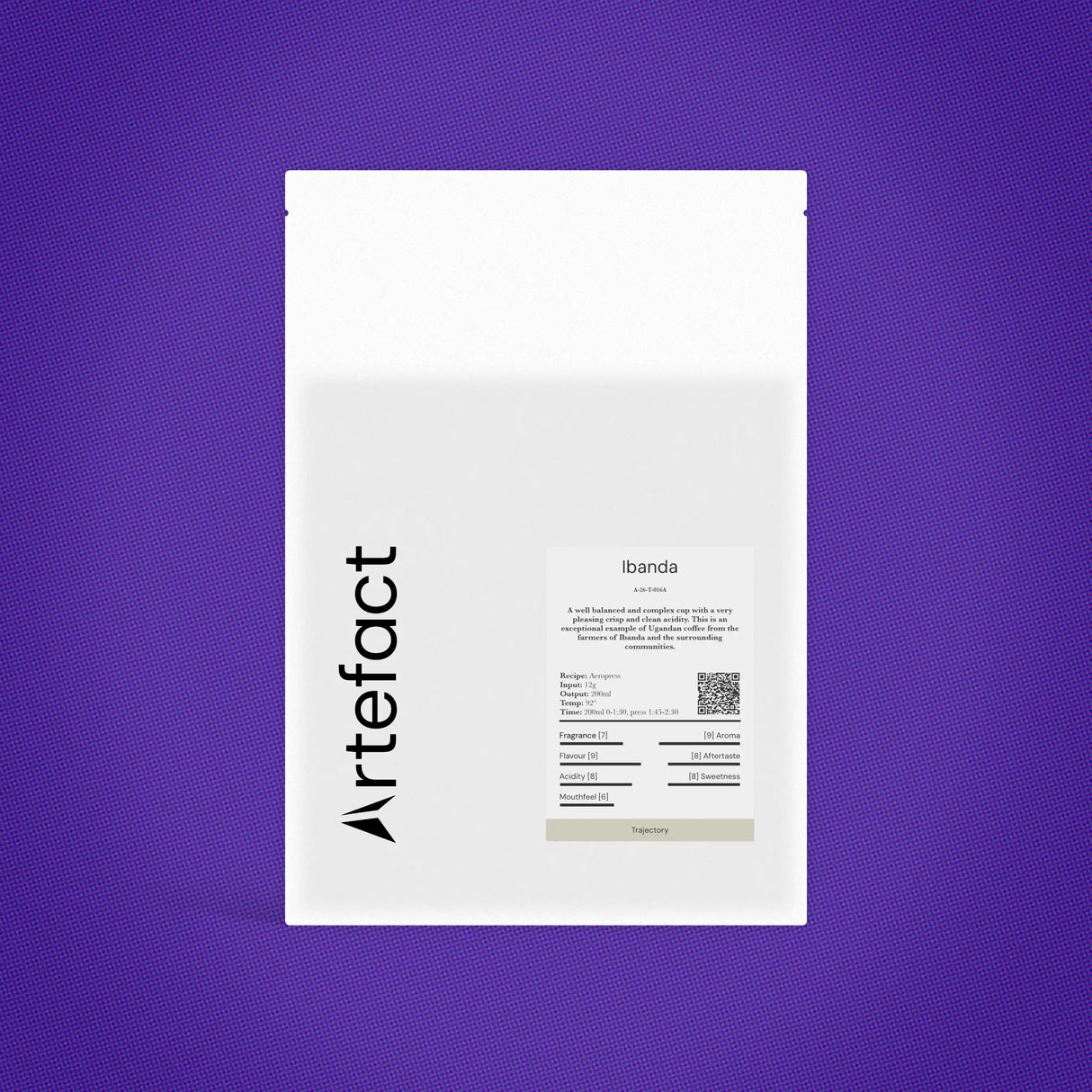 White product packaging with 'Artefact' branding on a purple background