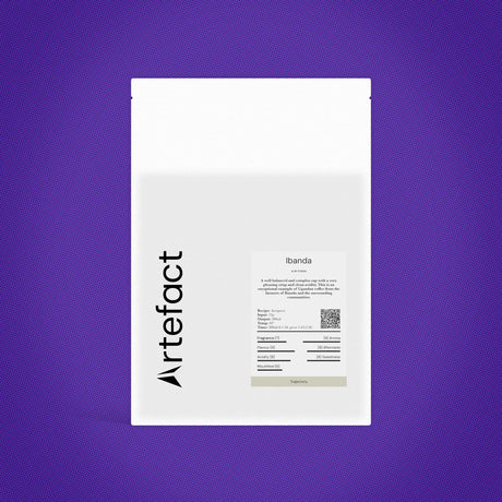 White product packaging with 'Artefact' branding on a purple background