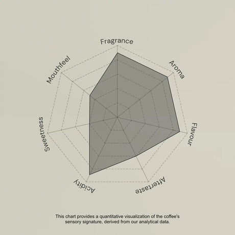 Coffee sensory profile chart with descriptors like Fragrance, Aroma, Flavour, etc.