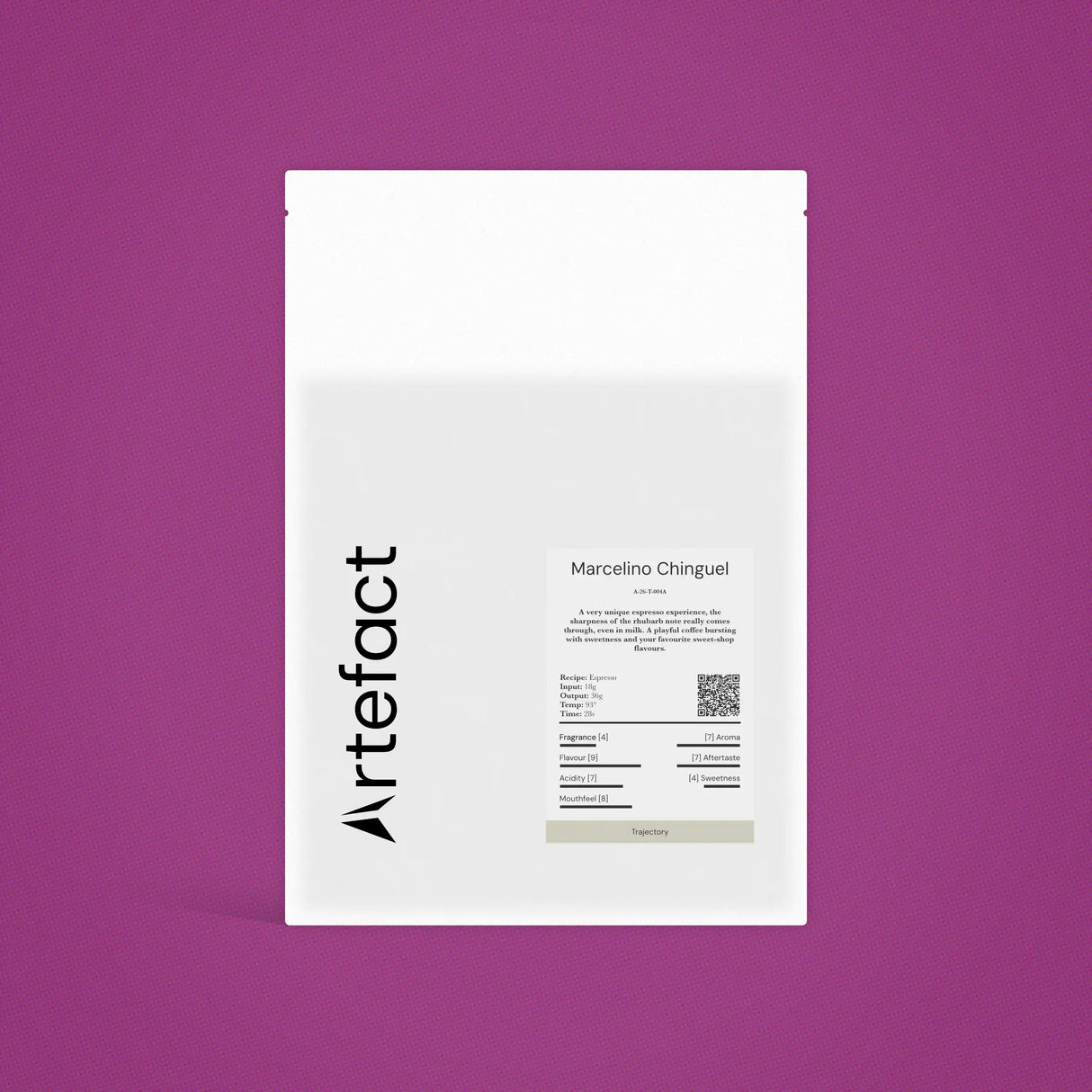 White product packaging with 'Artefact' branding on a purple background