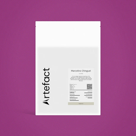 White product packaging with 'Artefact' branding on a purple background