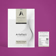 Artefact product packaging and business card on a purple background