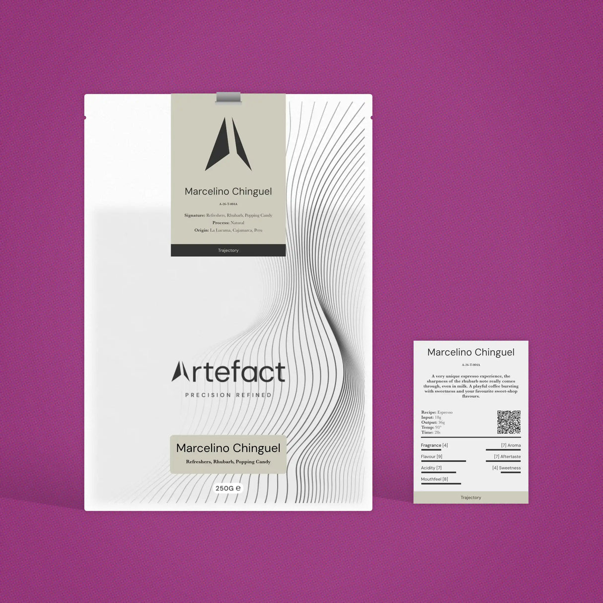 Artefact product packaging and business card on a purple background