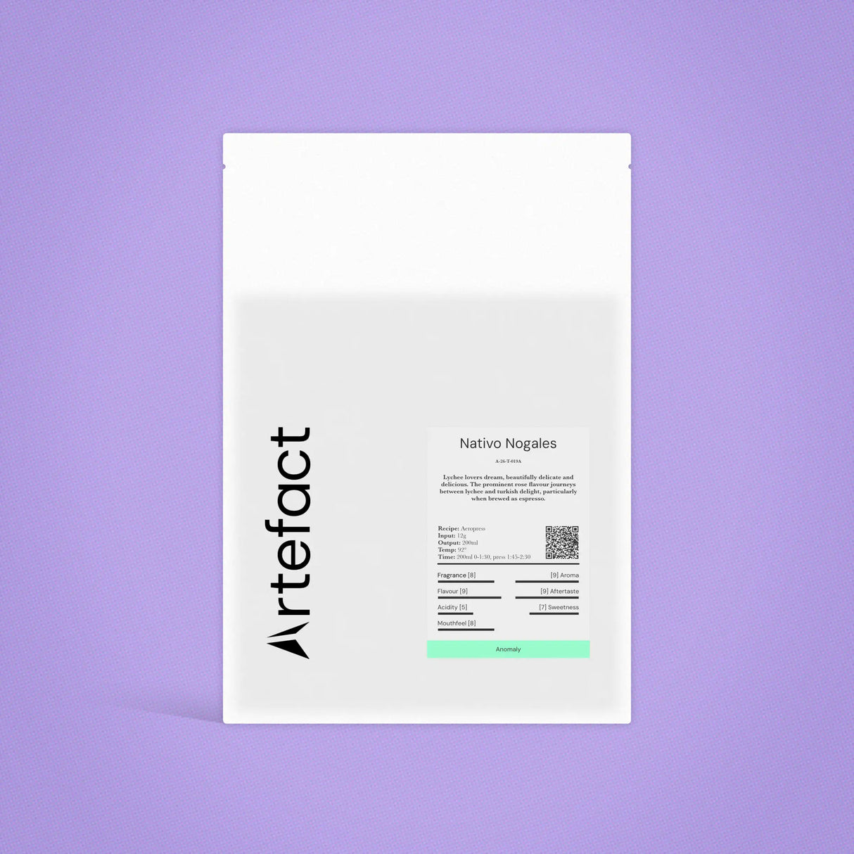 White product packaging with black text on a purple background