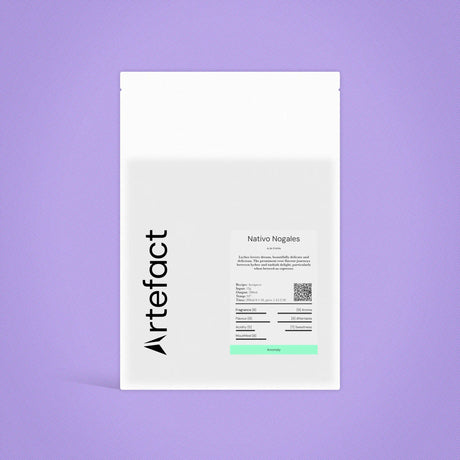 White product packaging with black text on a purple background