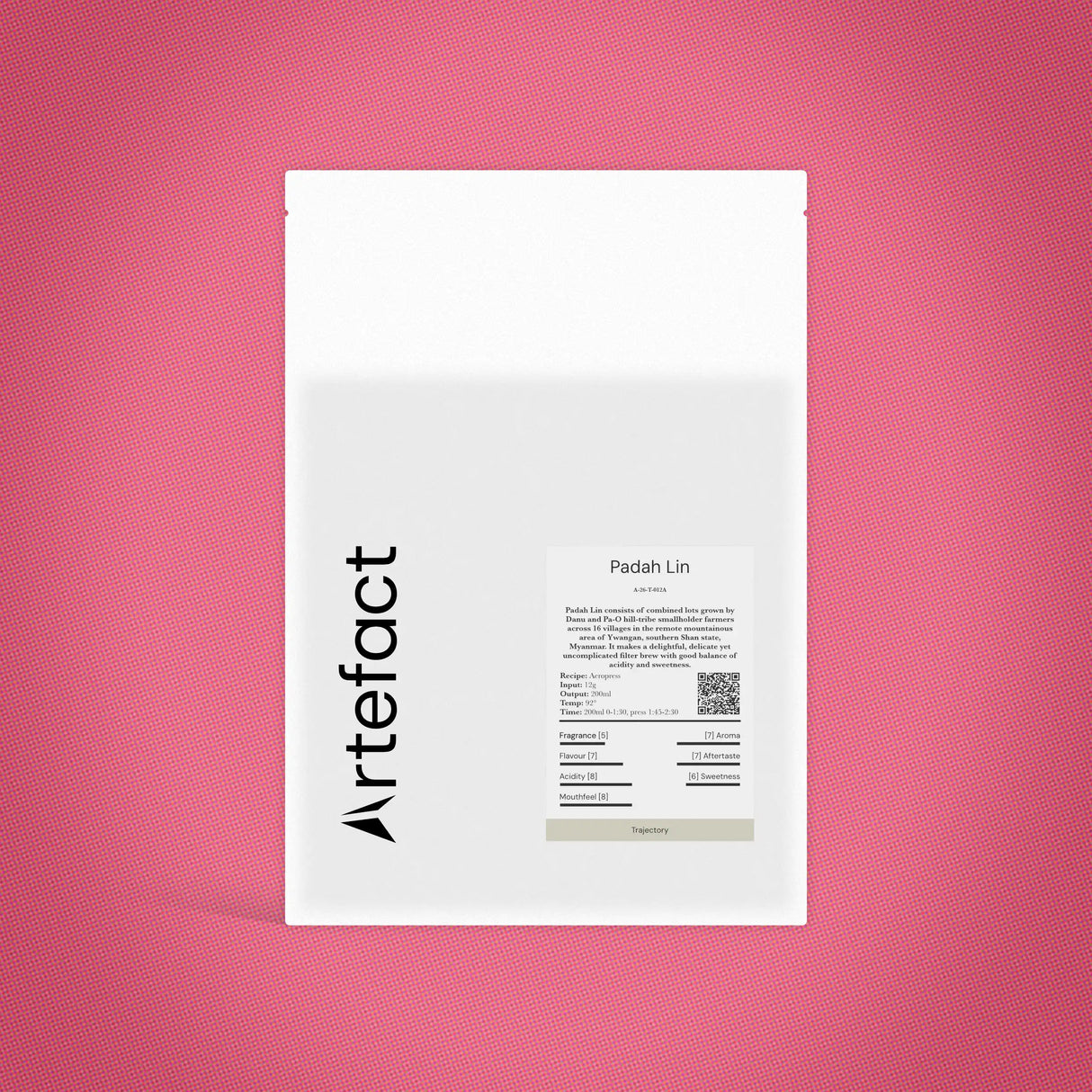 White paper with 'Artefact' branding on a pink textured background