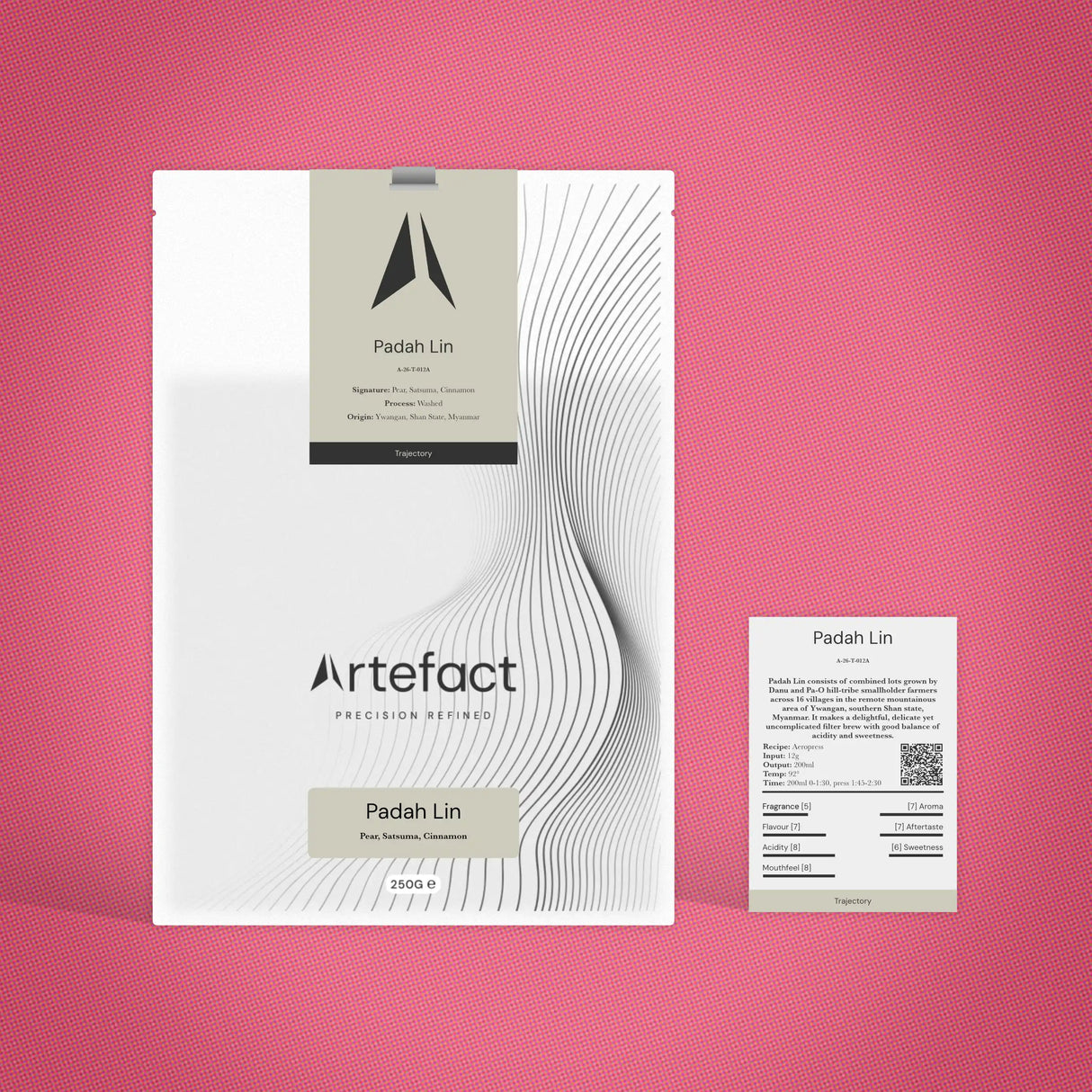 Artefact Padah Lin packaging on a pink background