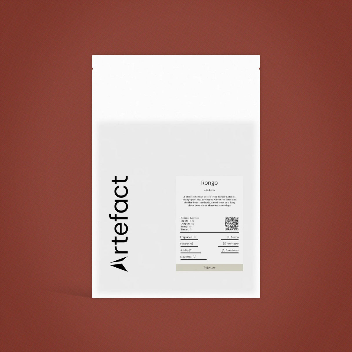 White coffee package with 'Artefact' branding on a brown background