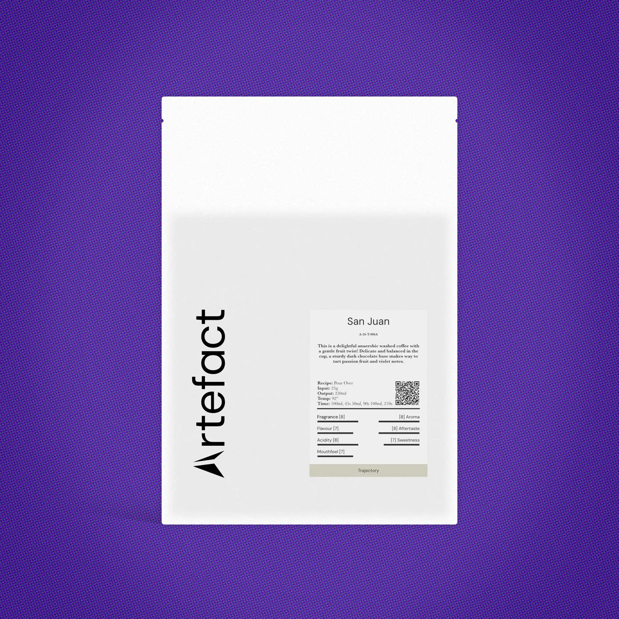 White coffee bag with 'Artefact' branding on a purple background