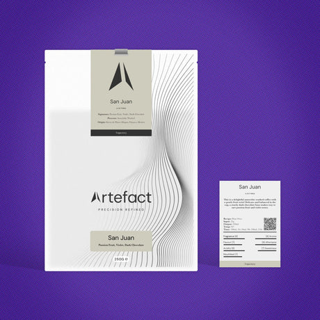 Artefact San Juan packaging on a purple background