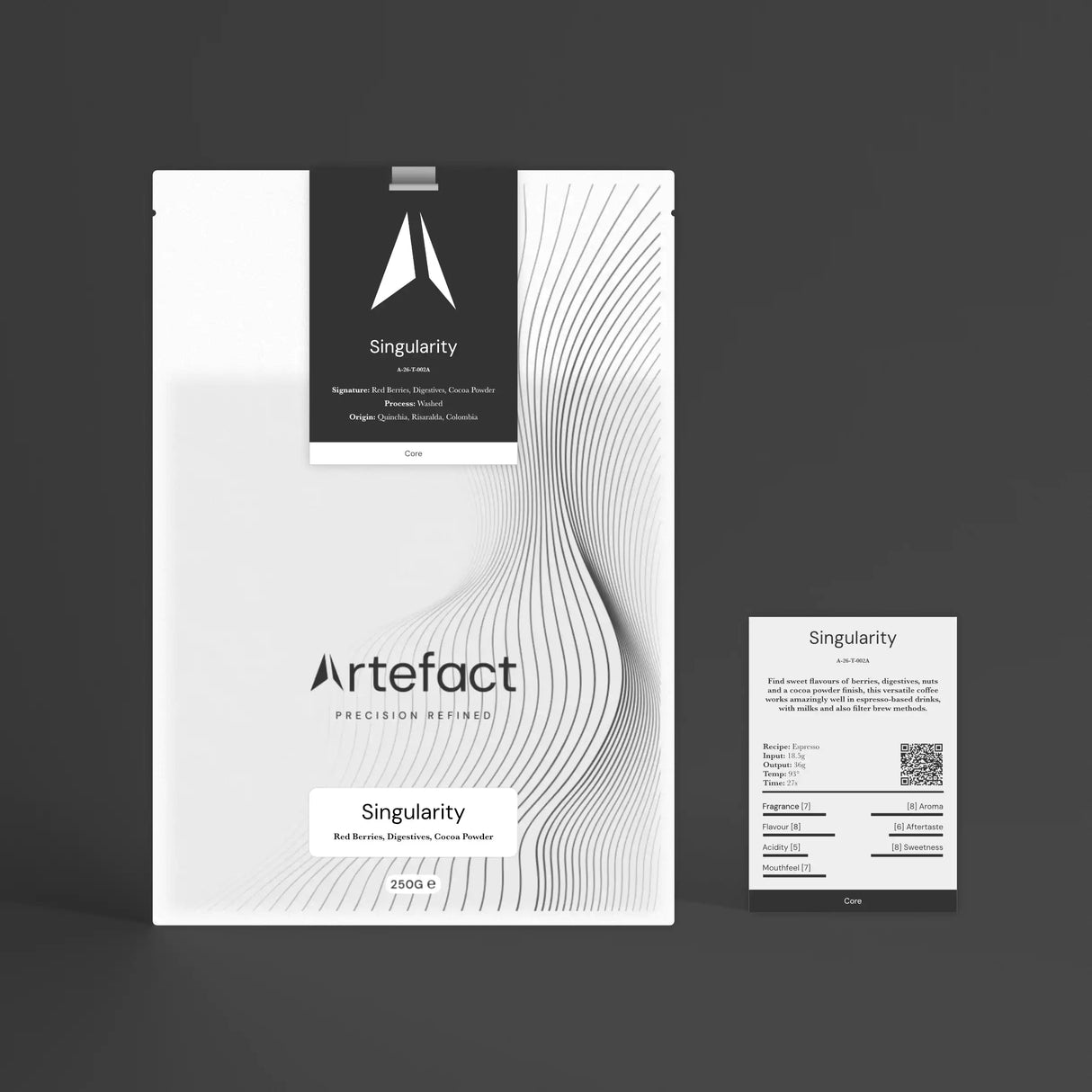 Product packaging and business card with 'Artefact' branding on a dark background