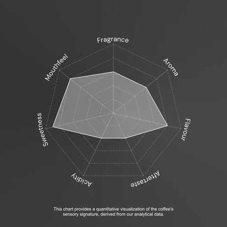 Sensory profile chart for a coffee with labeled axes on a dark background