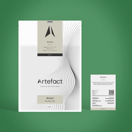 Aruco packaging with Artefact branding on a red background