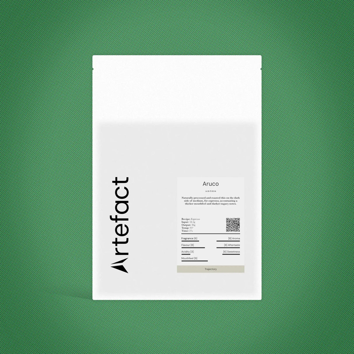 White product packaging with 'Artefact' branding on a green background