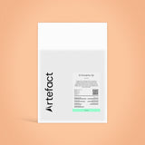 White product packaging with black text on a peach background