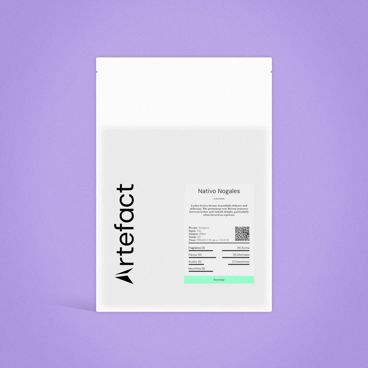 White product packaging with black text on a purple background