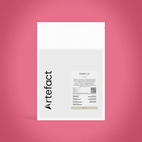 White paper with 'Artefact' branding on a pink textured background